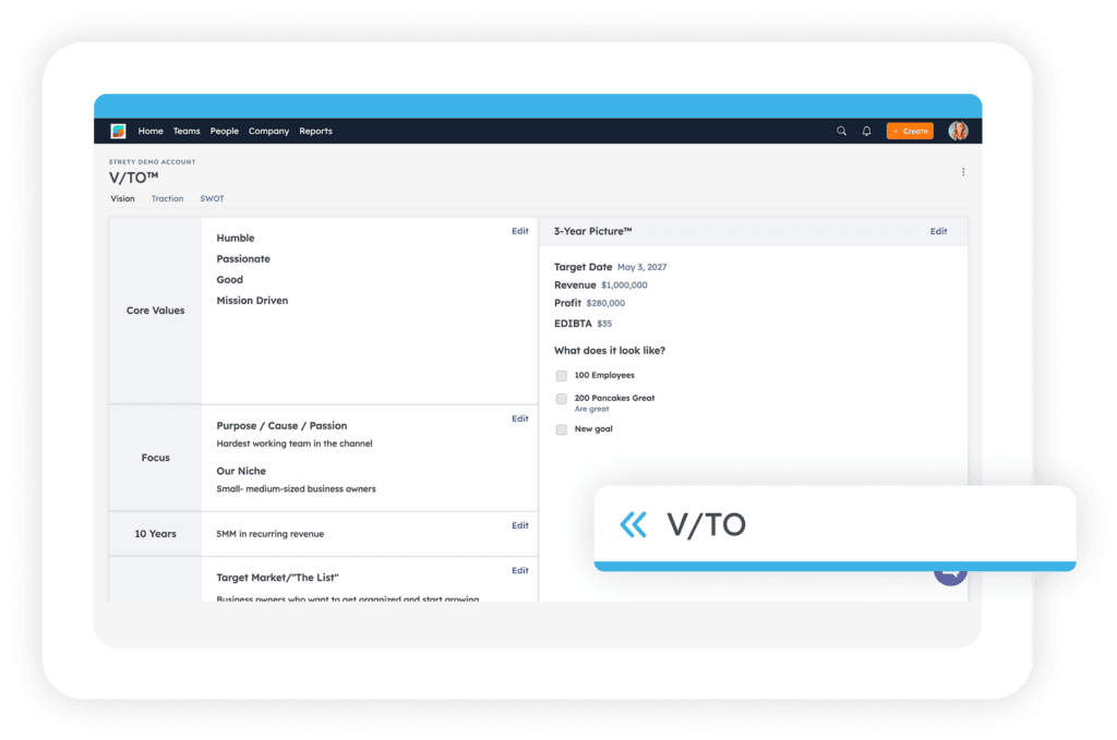 EOS software Vision Traction Organizer interface with core values and goals