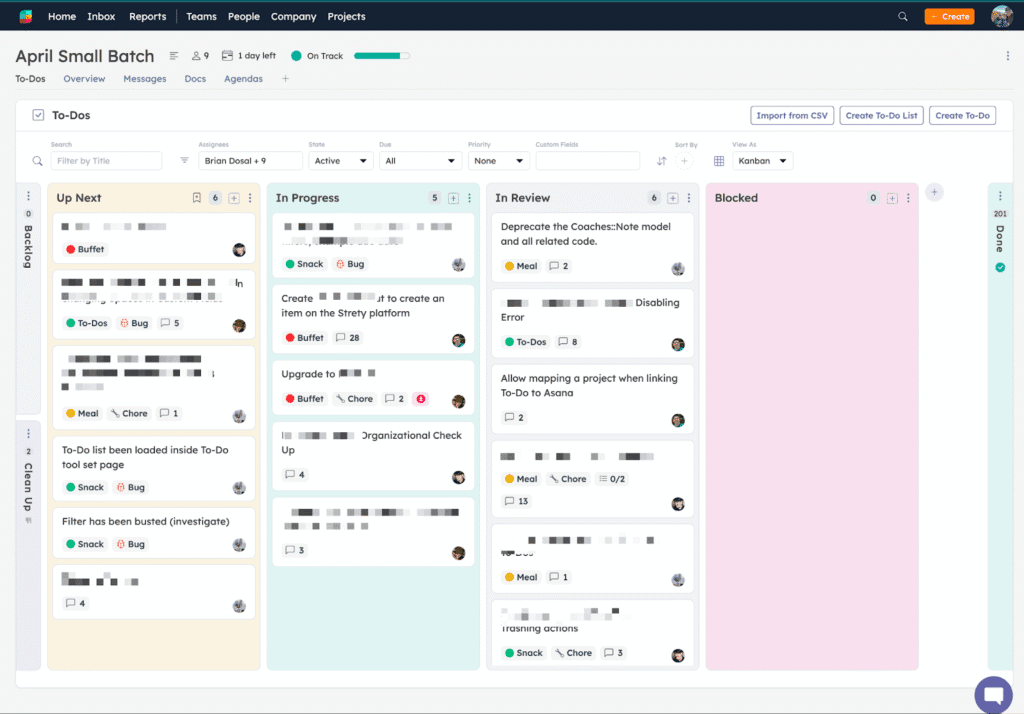 Strety Projects Kanban board showing April Small Batch project with 4 status columns, color-coded priority tags, custom fields, and team member assignments