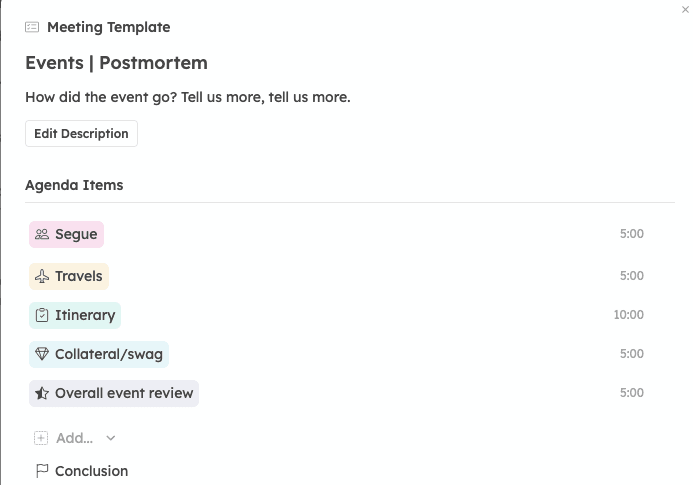 Screenshot showing AI agenda suggestions for an event post mortem sync