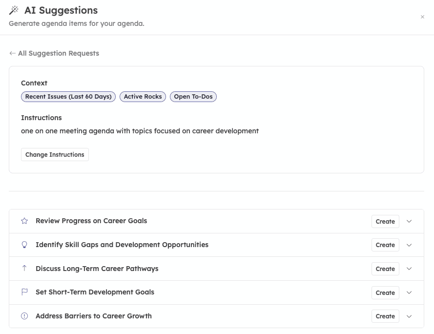 AI agenda suggestions in Strety, showing suggestions for a 1:1 meeting agenda focused on career development discussion