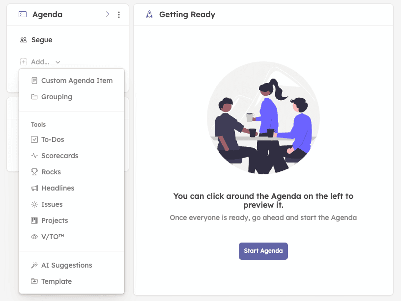 Screenshot showing AI agenda suggestions in Strety when you create a custom or templated agenda.