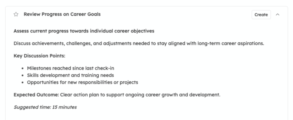 AI agenda item showing a title, description, key discussion points, expected outcome, and suggested time for "Review Progress on Career Goals" agenda item in a 1:1 meeting agenda