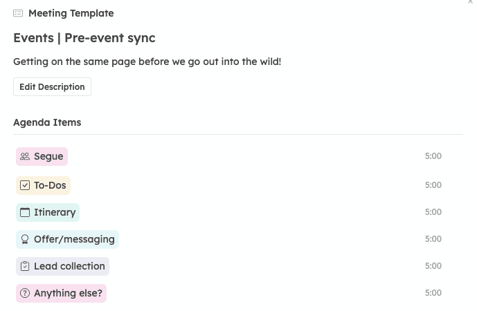 Screenshot showing AI agenda suggestions for a pre-event sync