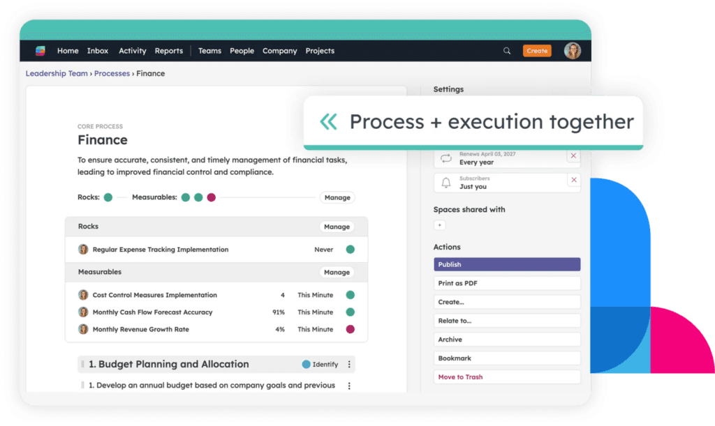 Screenshot of a Strety finance process page showing a core process with linked Rocks, measurables, process steps, and publishing controls, with a callout that reads “Process + execution together.”