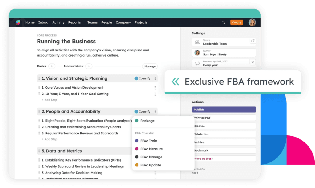Screenshot of Strety’s core process page for “Running the Business,” showing process steps organized by phase with the FBA checklist options — Train, Measure, Manage, and Update — visible in the interface, plus a callout that reads “Exclusive FBA framework.”