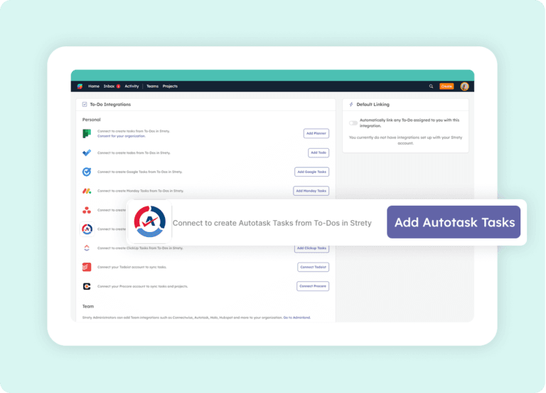 Strety integrations list showing Add Autotask