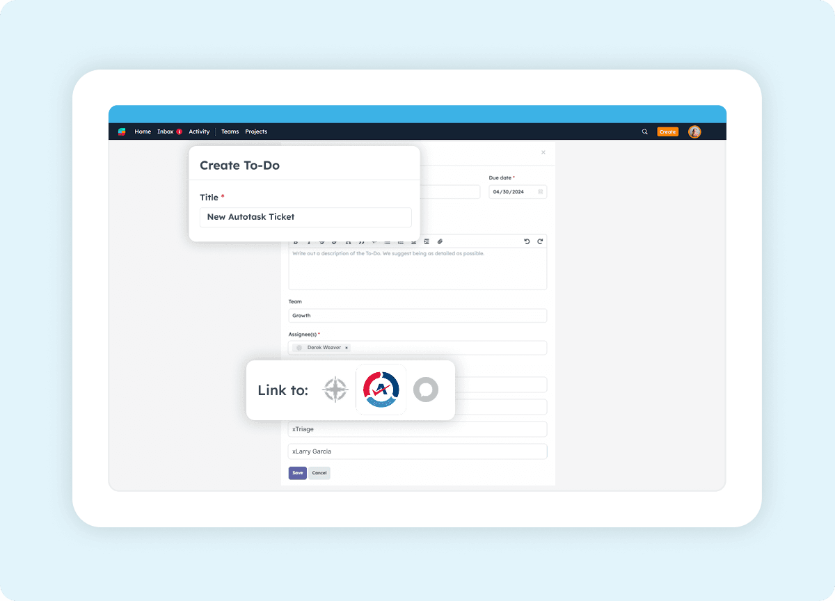 Strety To Do linked to an Autotask Service Ticket with account, priority, queue, and assignee options
