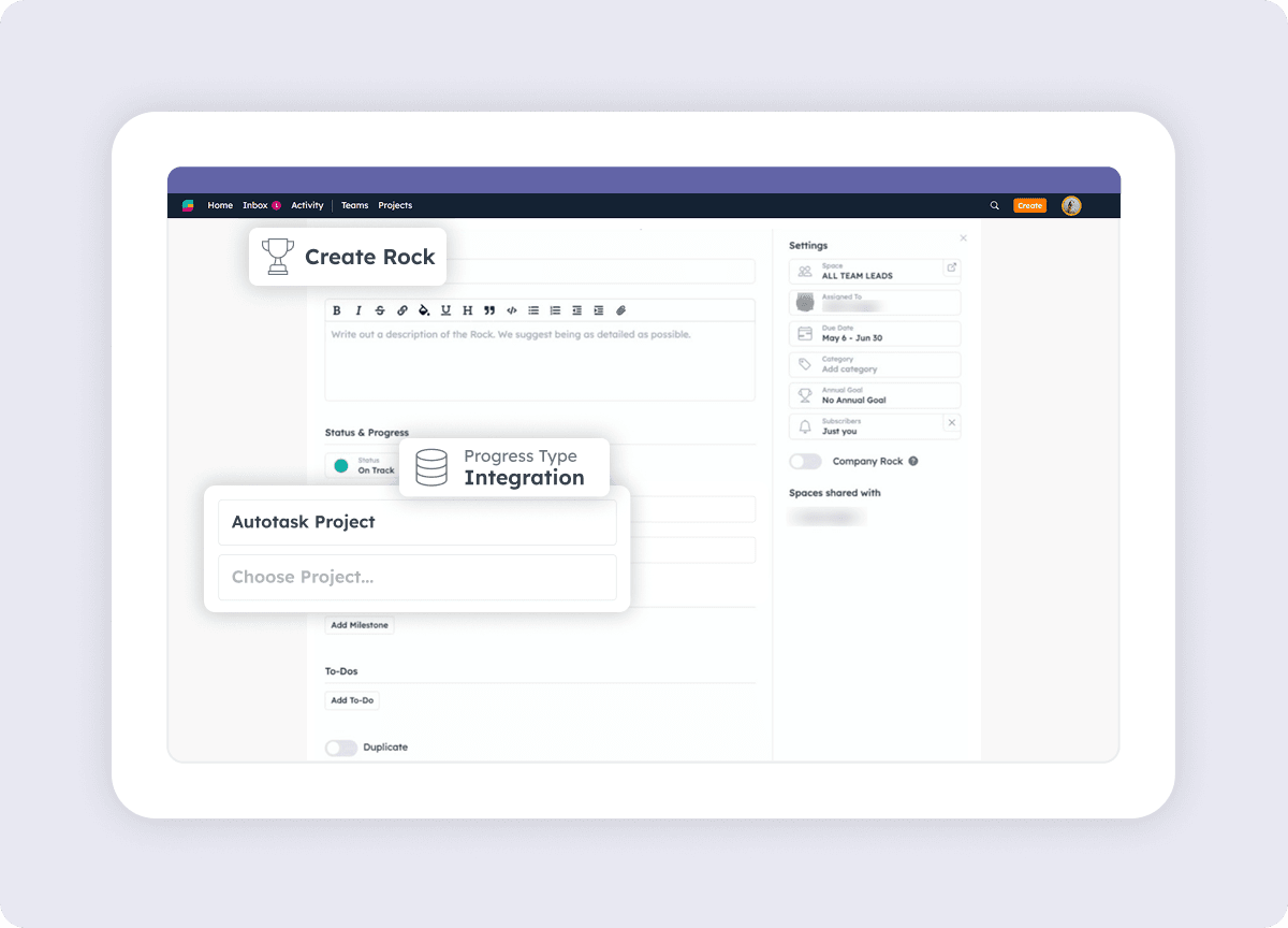 Strety Rock integration screen showing an Autotask Project connection