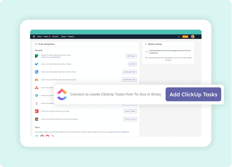 Strety integrations list showing Add ClickUp Tasks