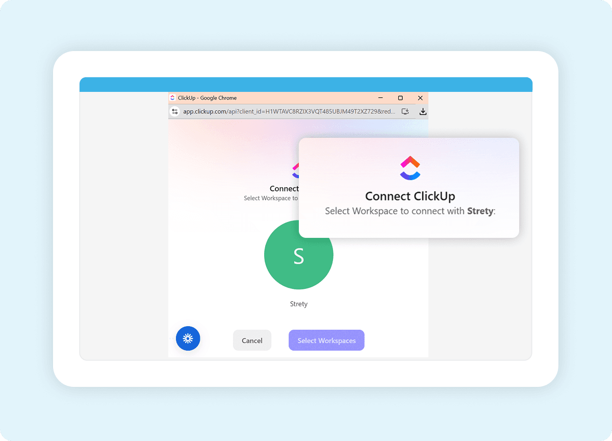 ClickUp workspace selection screen during Strety integration setup