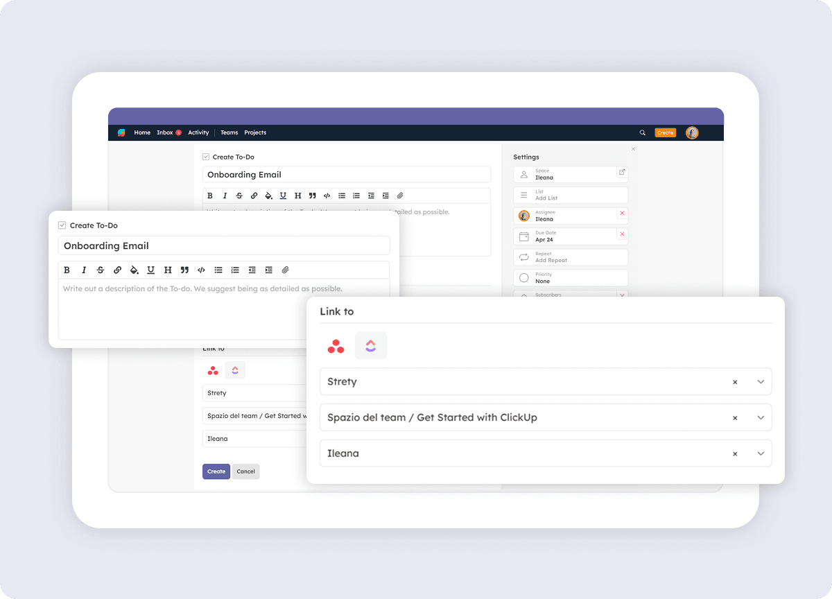 Strety To Do linked to a ClickUp task, showing workspace and section selection