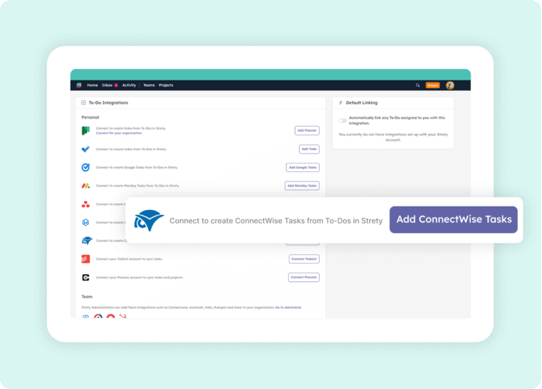 Strety integrations list with cursor on Add ConnectWise