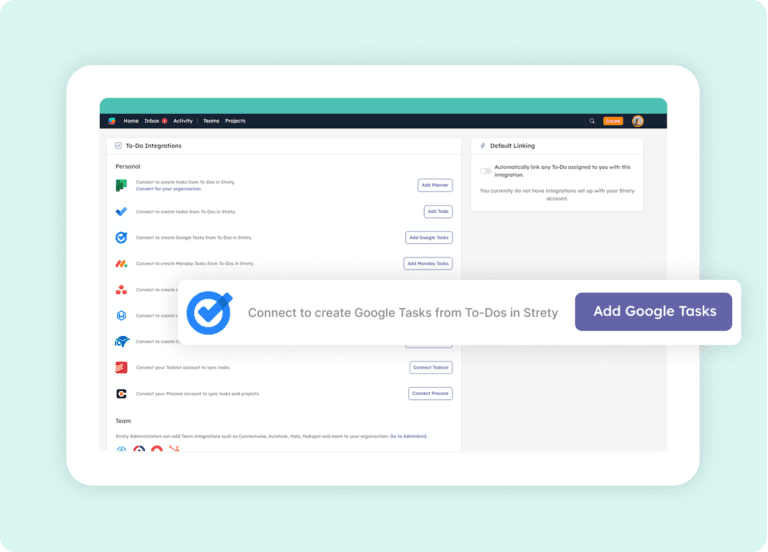Strety integrations list with cursor on Add Google Tasks