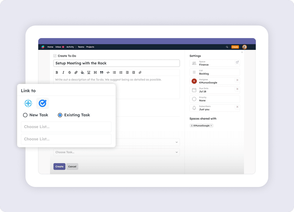 Strety To Do linked to a Google task, showing option to link to new or existing tasks