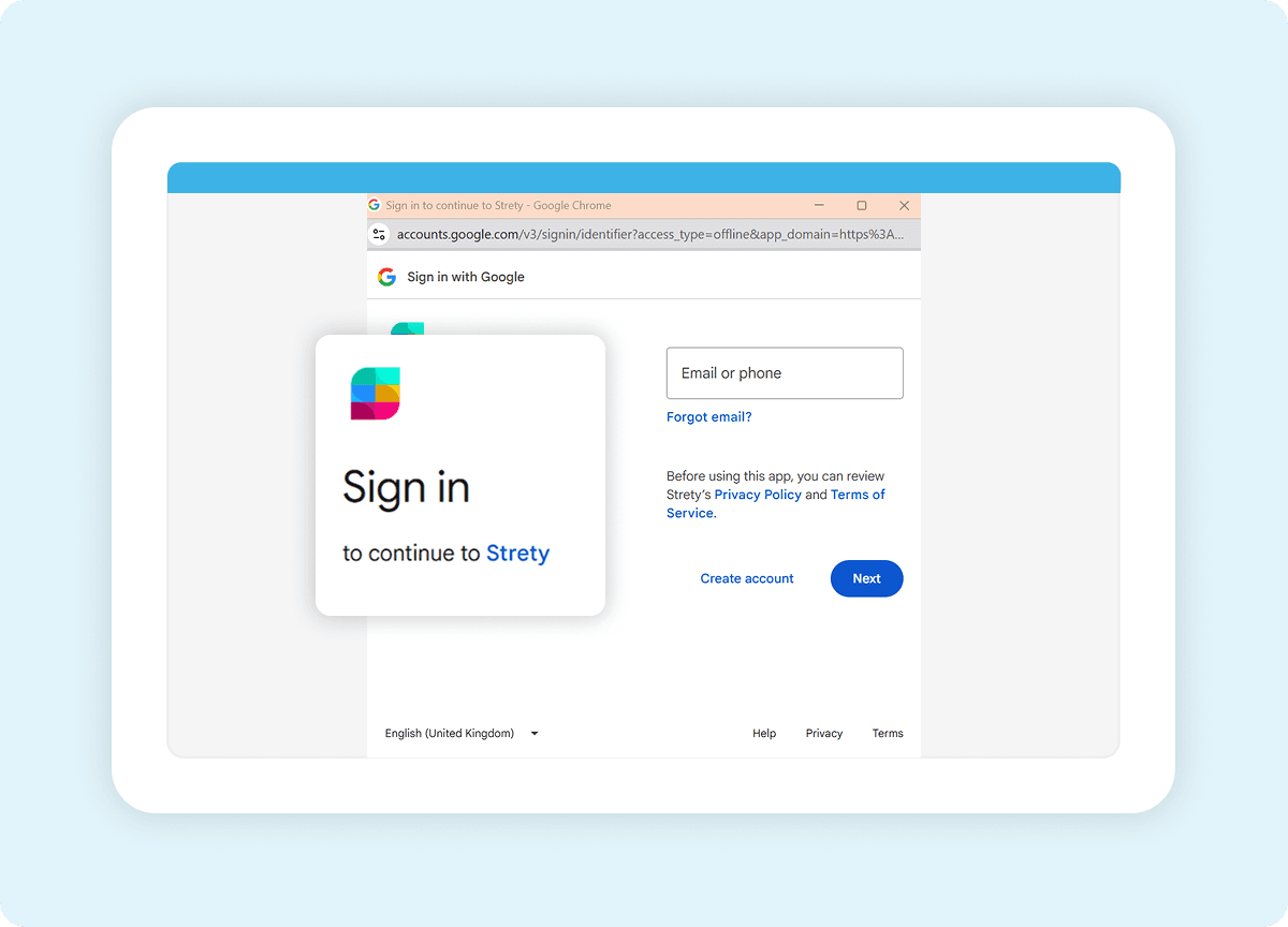 Google account selection screen during Strety integration setup