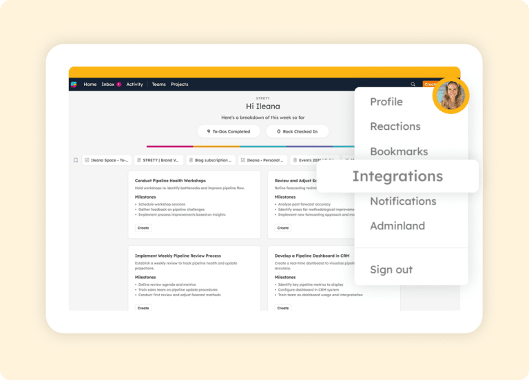 Strety profile menu showing the Integrations option