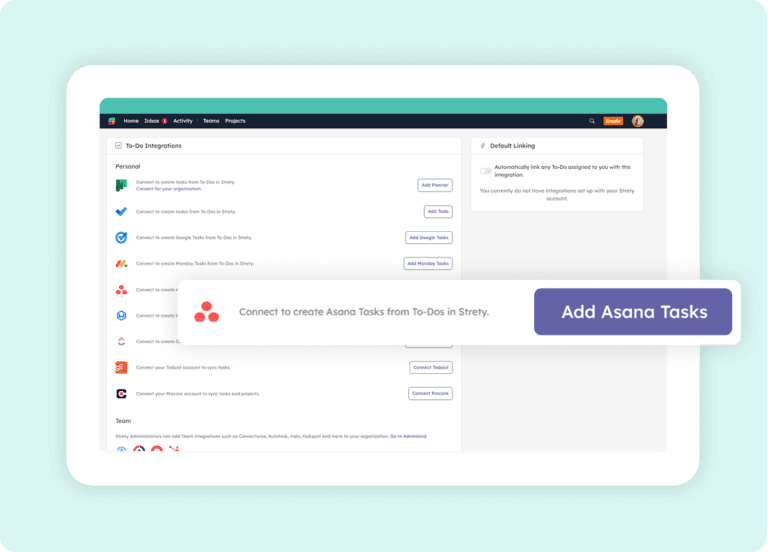 Strety integrations list with cursor on Add Asana Tasks