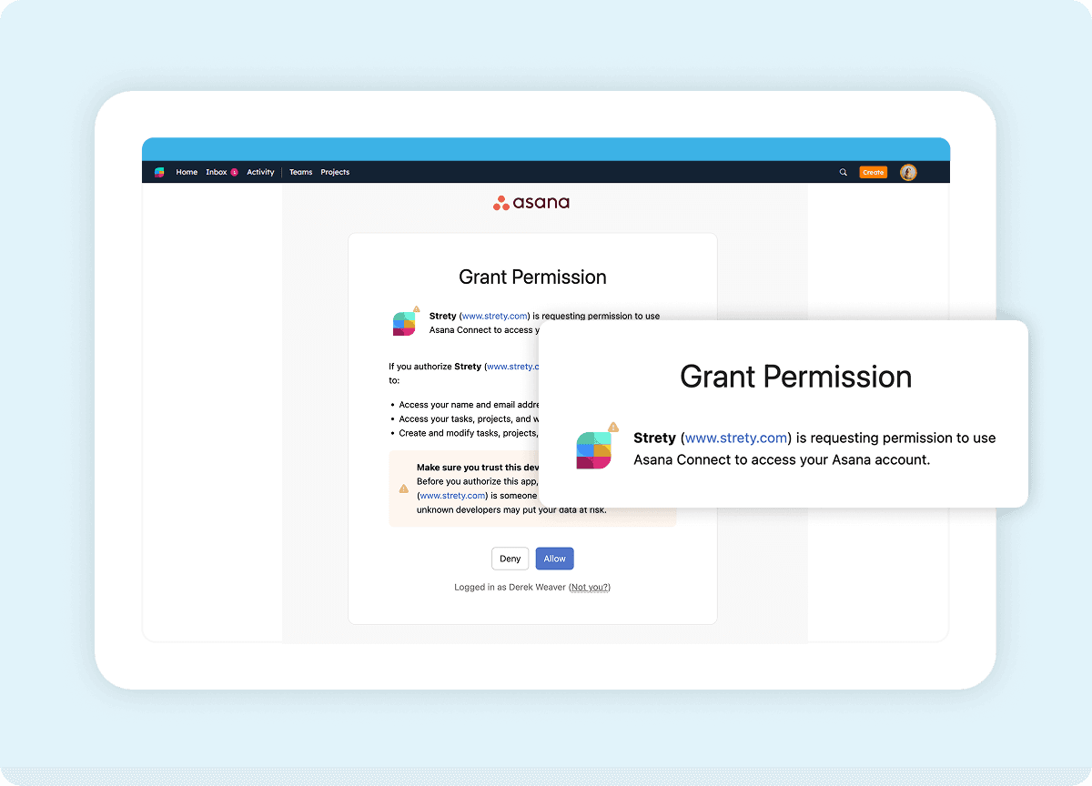 Asana authorization screen during Strety integration setup