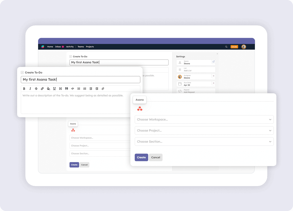 Strety To Do linked to an Asana task, showing workspace, project, and section selection