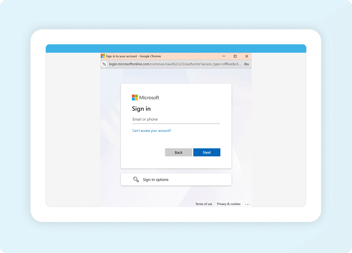 Microsoft account selection screen during Strety integration setup