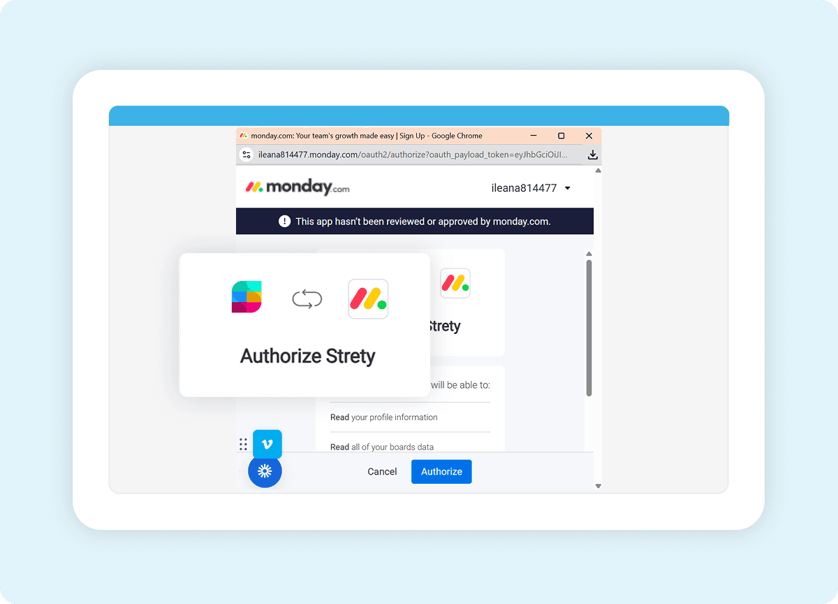 Monday.com authorization screen for connecting the Strety app