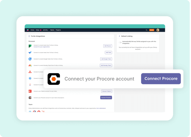 Strety integrations list with cursor on Connect Procore