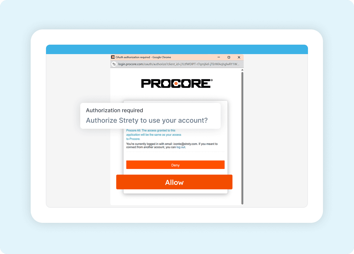 Procore authorization screen for connecting to Strety