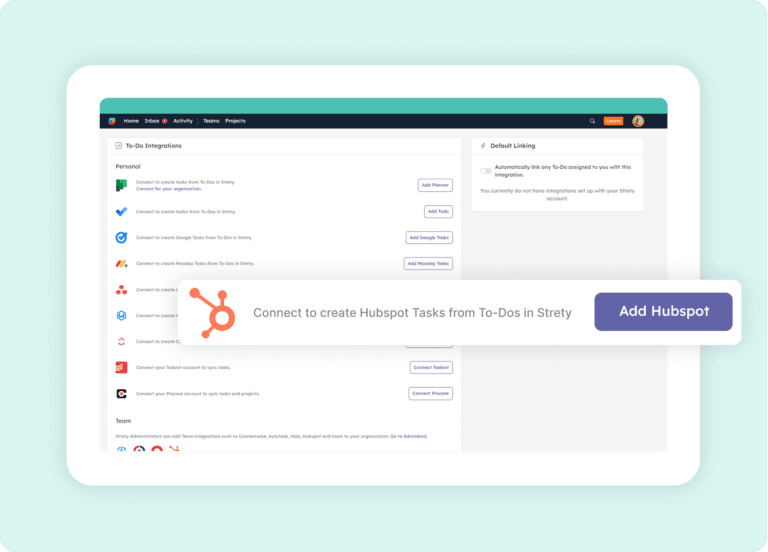 Strety integrations list with cursor on Add HubSpot