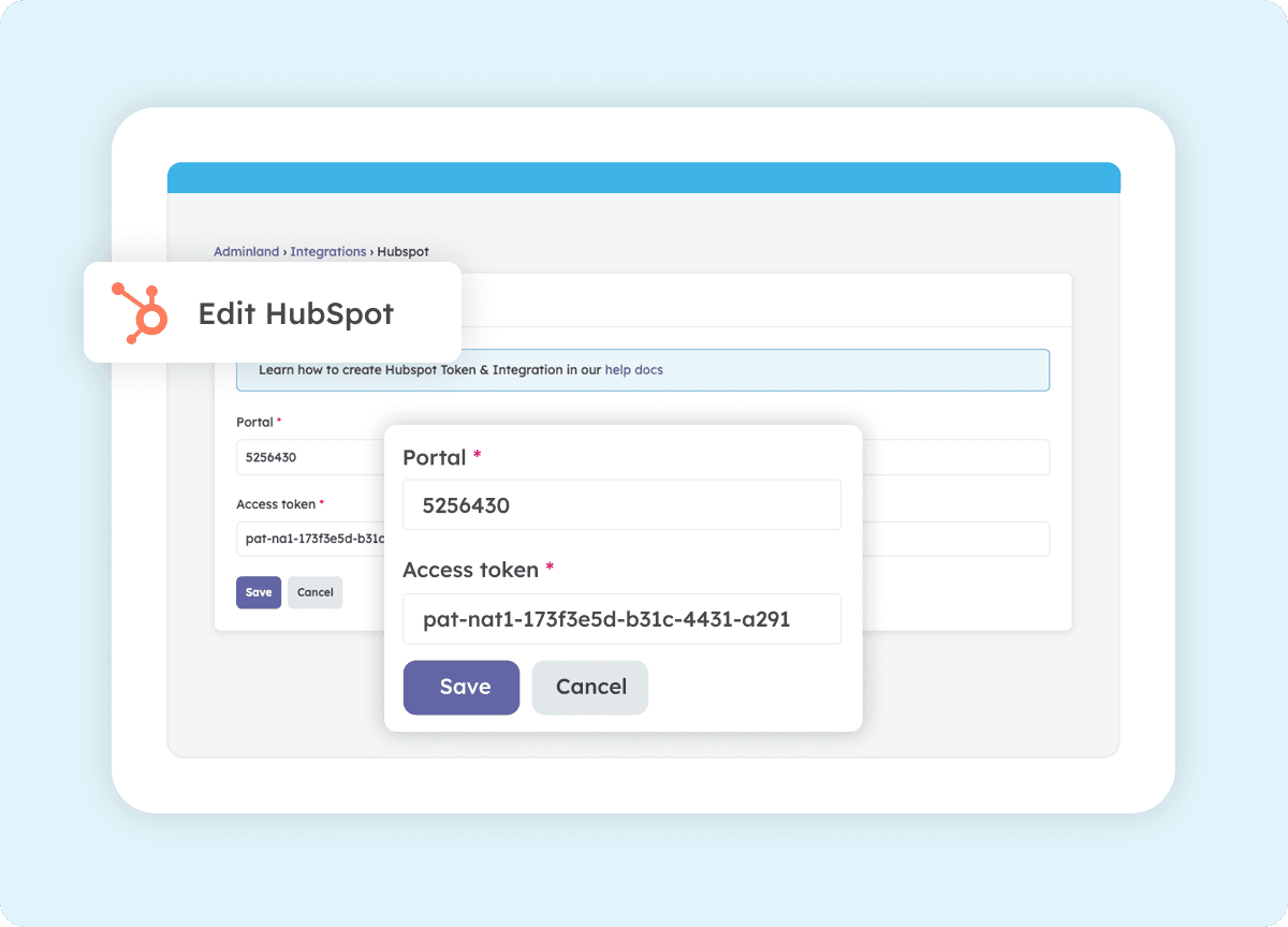 Strety Adminland showing HubSpot Portal ID and access token fields