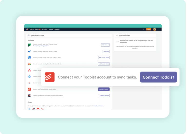 Strety integrations list with cursor on Connect Todoist