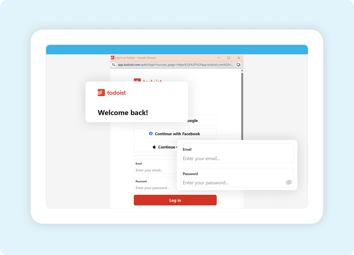 Todoist login and authorization screen for connecting to Strety