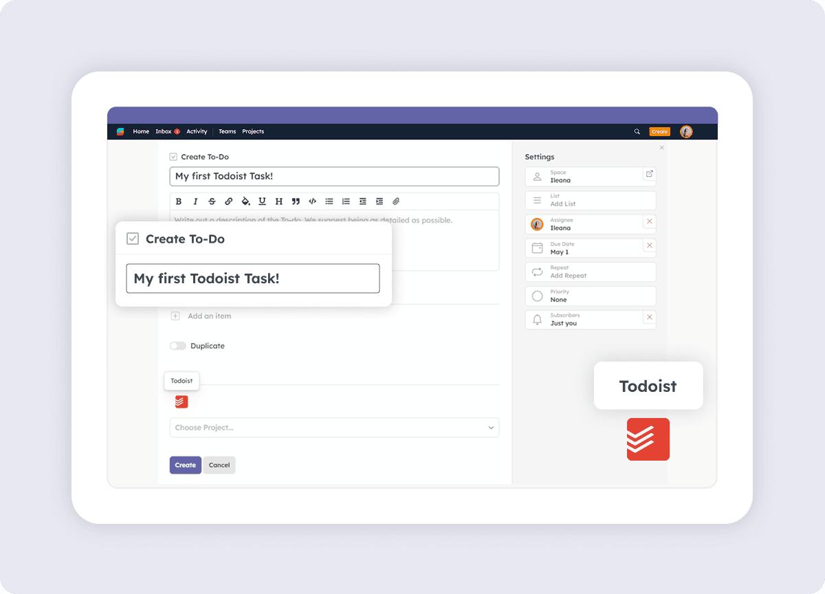 Creating a To Do in Strety linked to Todoist