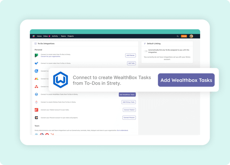 Strety integrations list with cursor on Wealthbox