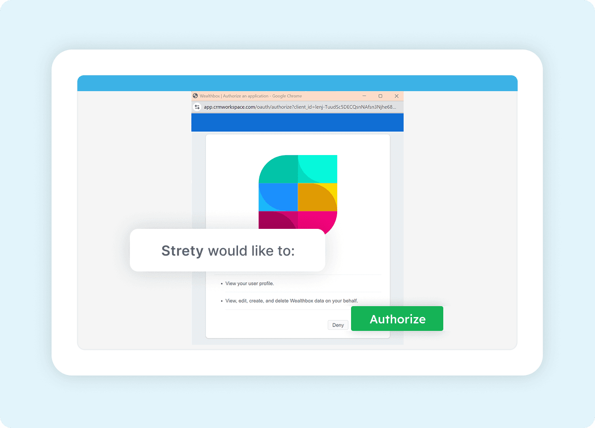 Wealthbox authorization screen for connecting to Strety