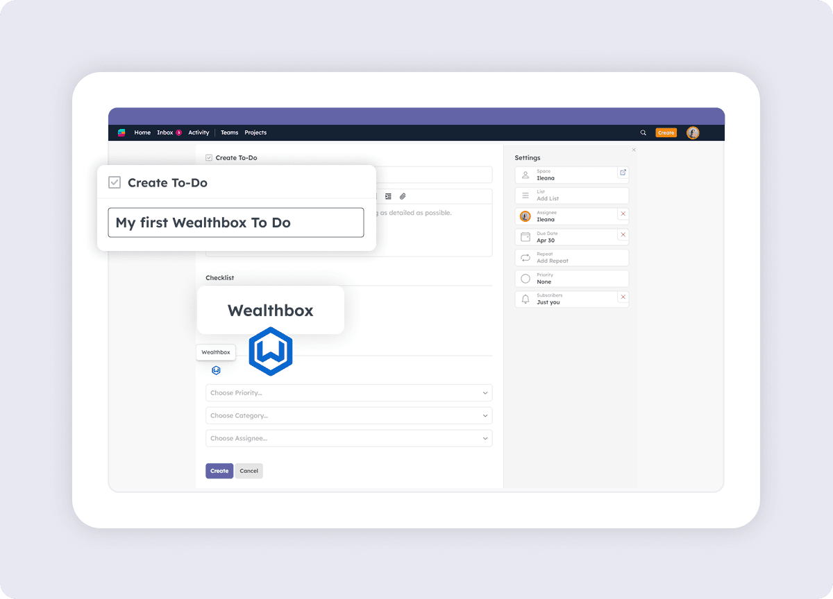 Creating a To Do in Strety linked to Wealthbox