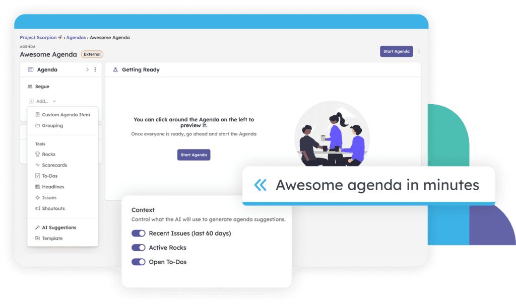 Strety AI Suggestions feature for Agendas, showing an agenda builder with an "AI Suggestions" option and context toggles for Recent Issues, Active Rocks, and Open To-Dos.