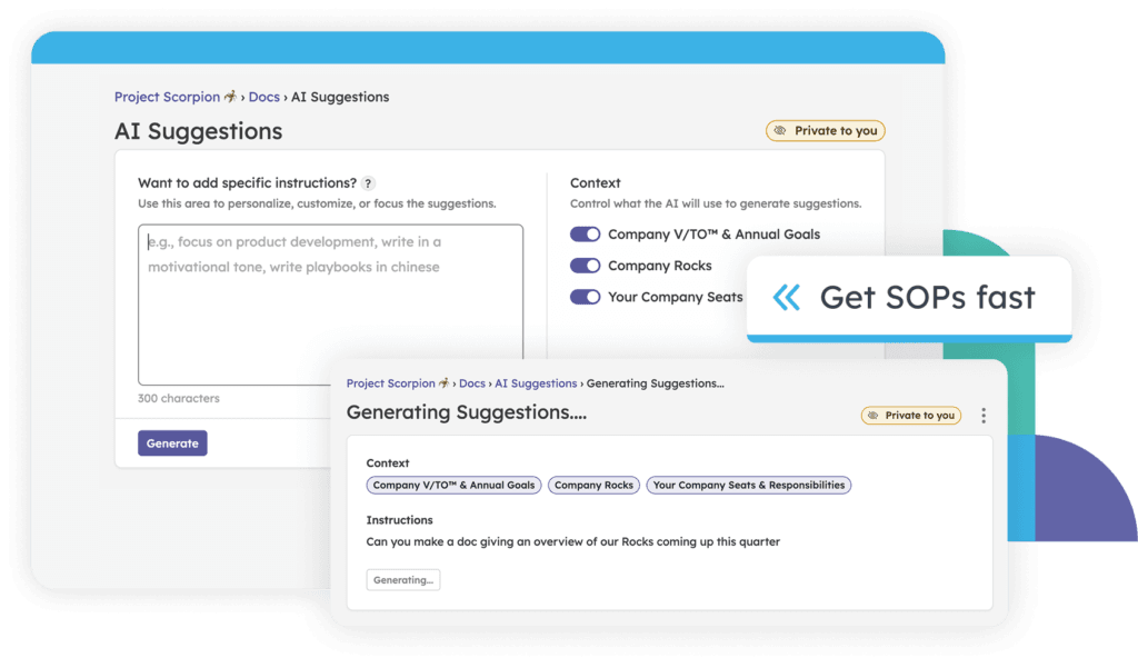 Strety AI Suggestions feature for Docs, showing an instructions field, toggleable context sources, and a generated doc based on custom instructions.