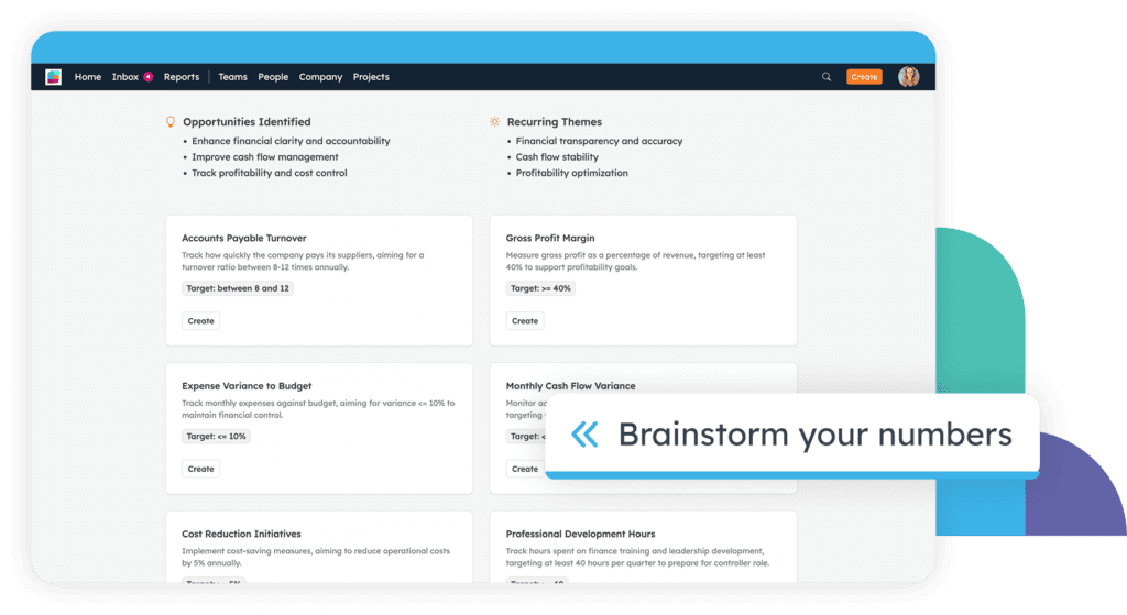 Strety AI Scorecard Suggestions feature showing identified opportunities, recurring themes, and recommended metrics with targets and "Create" buttons.