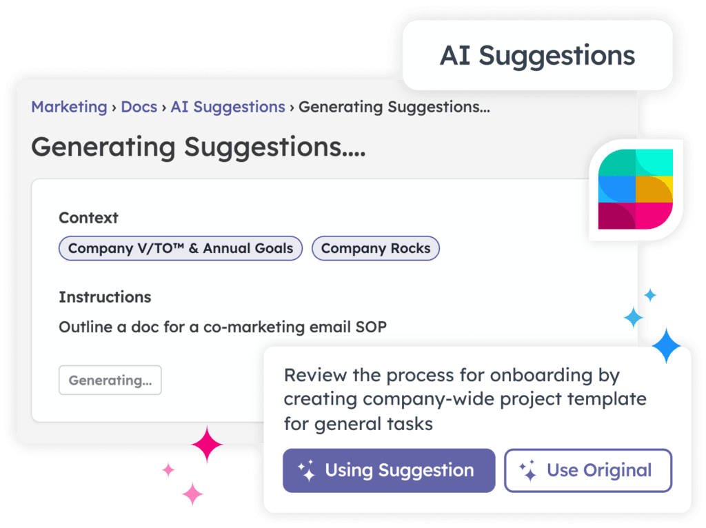 Strety AI Suggestions feature showing an AI-generated content suggestion with options to use the suggestion or the original text.